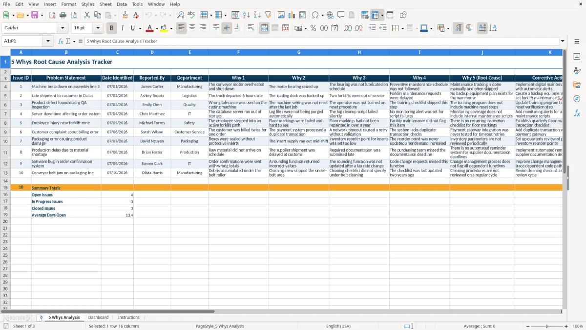 Screenshot 1: tab 5 Whys Analysis - Excel template 5 whys excel template