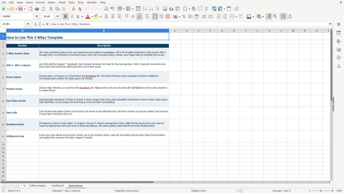 Screenshot 3: tab Instructions - Excel template 5 whys excel template