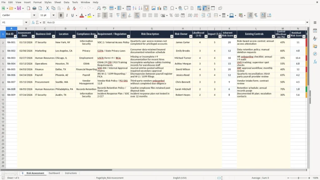 Risk Assessment – Compliance Risk Assessment Excel Template