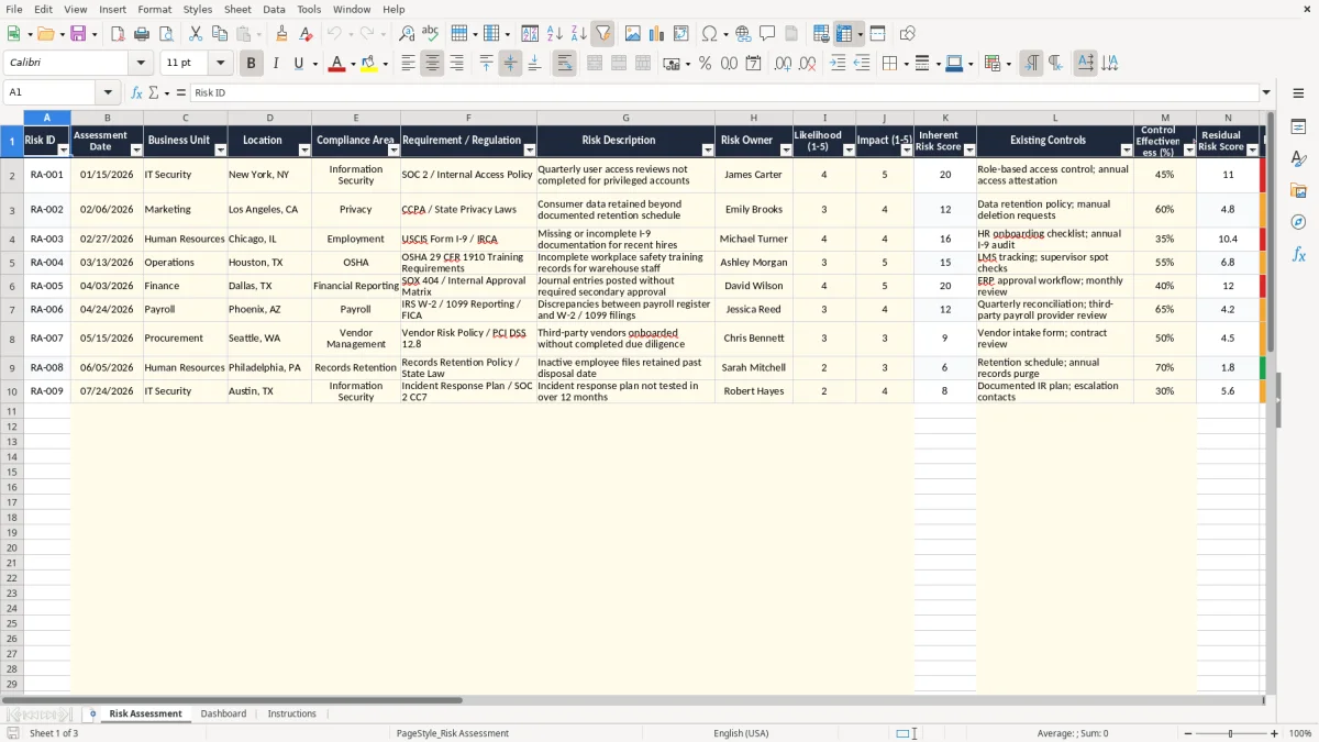 Screenshot 1: tab Risk Assessment - Excel template compliance risk assessment excel template