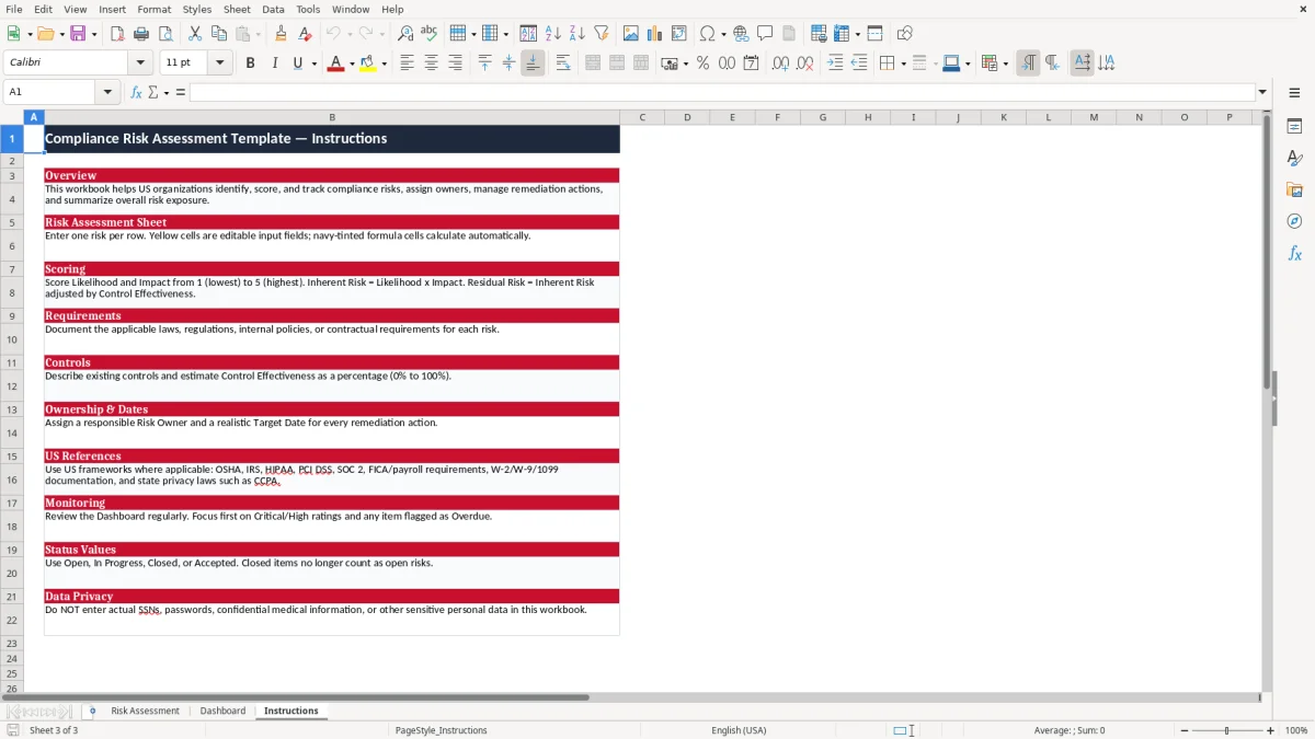 Screenshot 3: tab Instructions - Excel template compliance risk assessment excel template