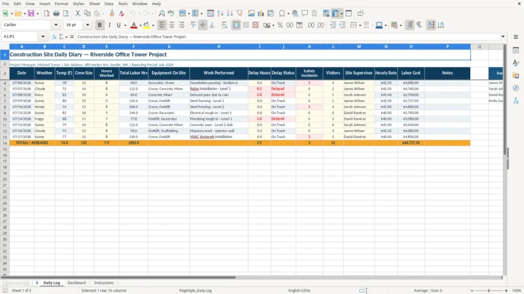 Daily Log – Construction Site Diary Excel – Free Template (2026)