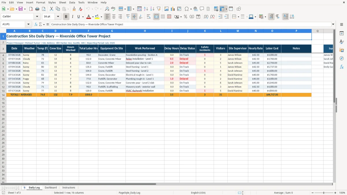 Screenshot 1: tab Daily Log - Excel template construction site diary excel template