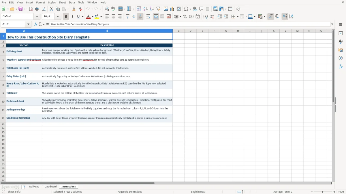 Screenshot 3: tab Instructions - Excel template construction site diary excel template
