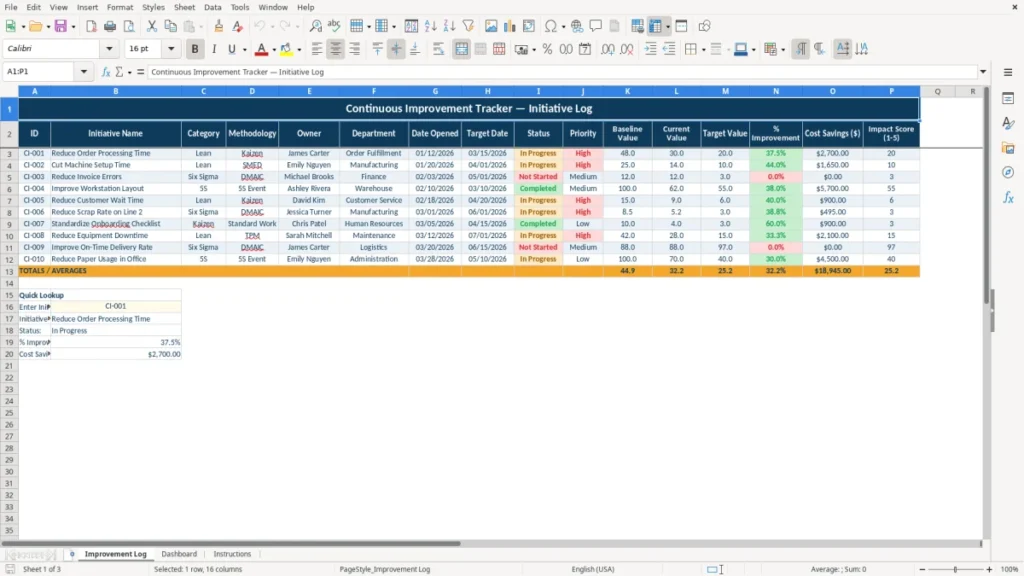 Improvement Log – Continuous Improvement Excel – Free Template (2026)