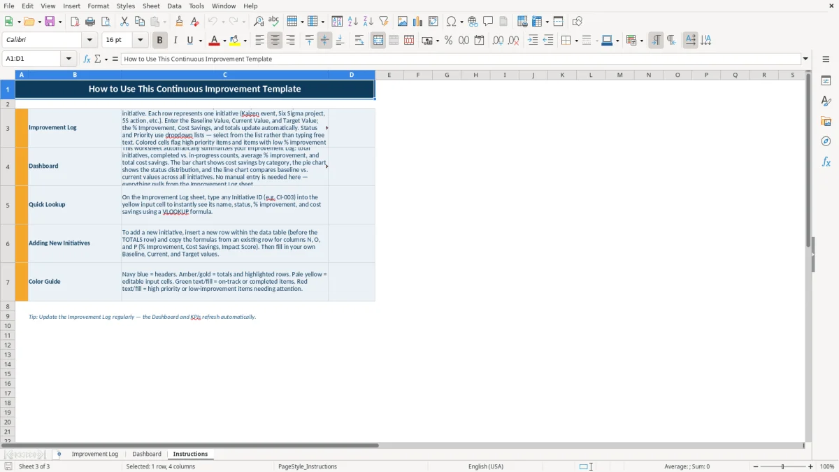 Screenshot 3: tab Instructions - Excel template continuous improvement excel template