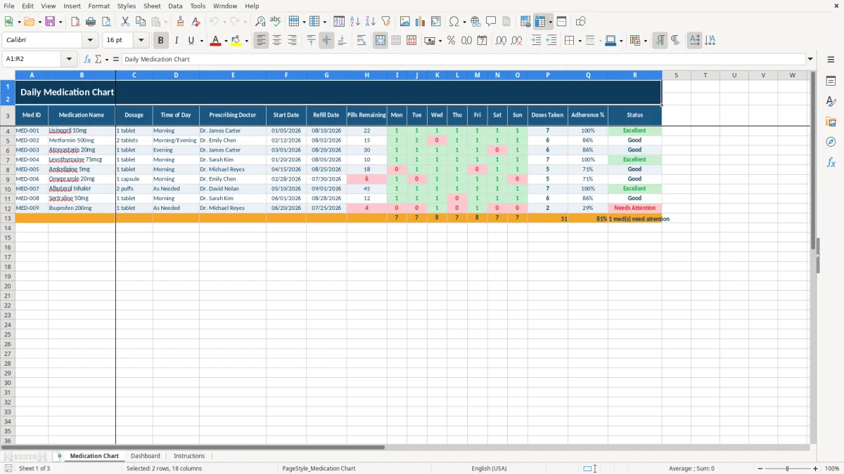 Screenshot 1: tab Medication Chart - Excel template daily medication chart excel template