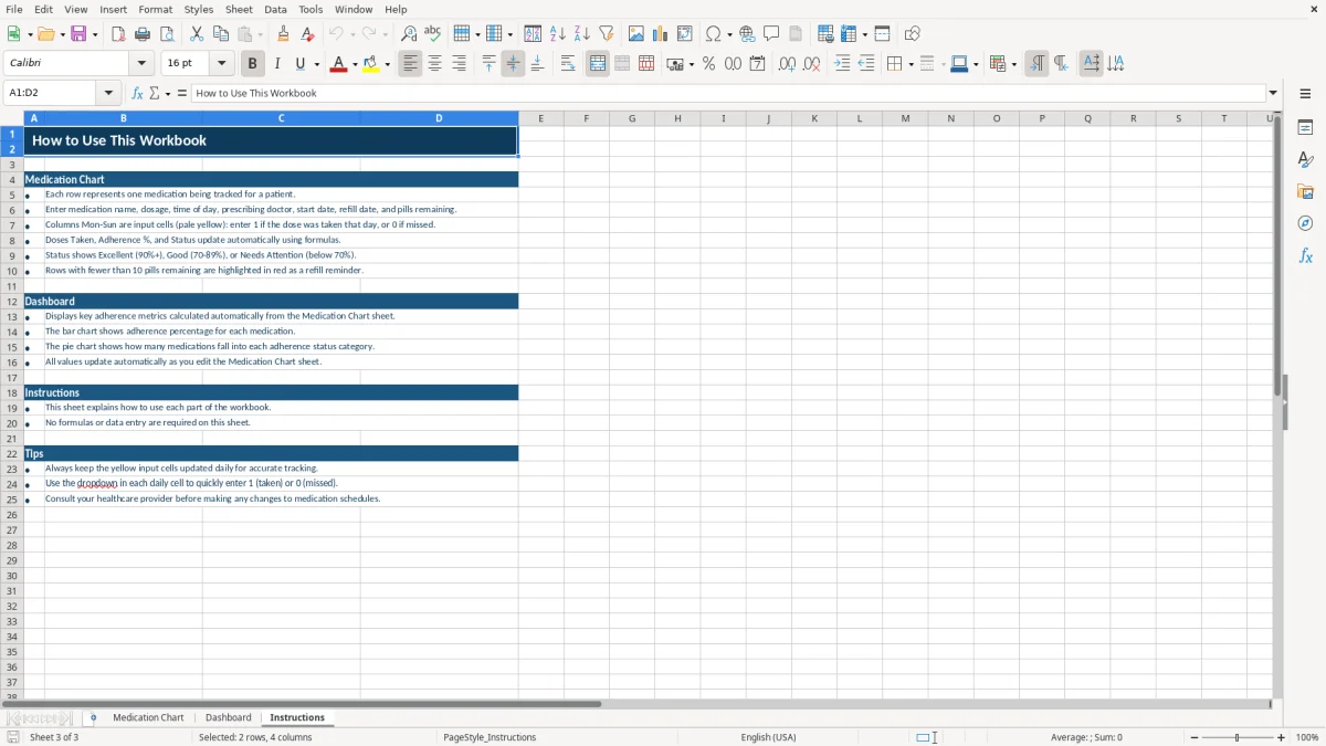 Screenshot 3: tab Instructions - Excel template daily medication chart excel template
