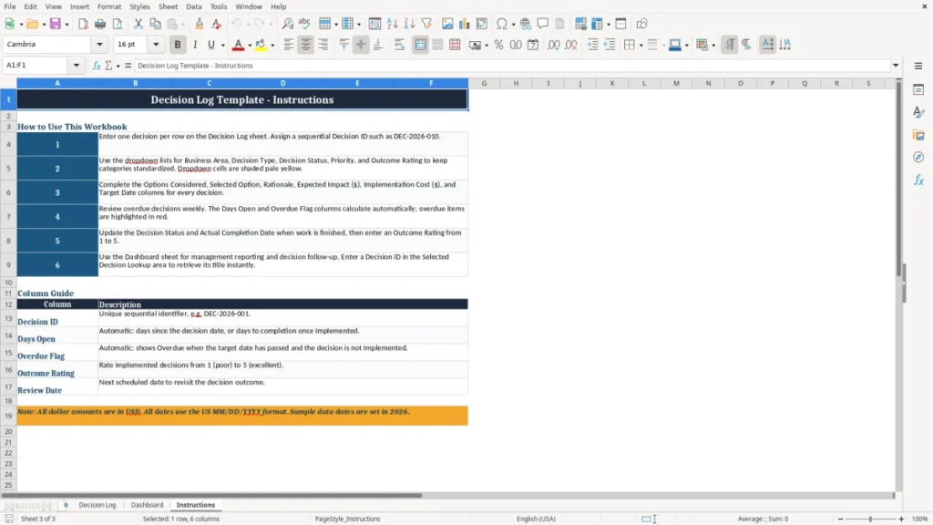 Instructions – Decision Log Excel Template