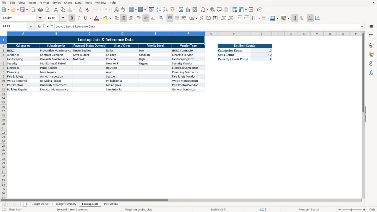Screenshot 3: tab Lookup Lists - Excel template facilities management budget excel template