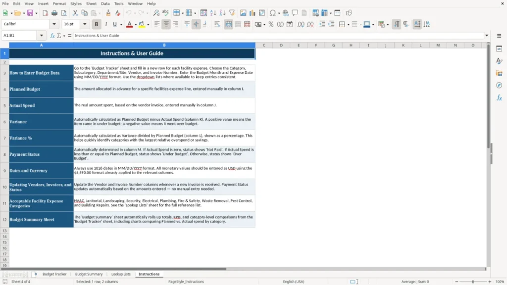 Instructions – Facilities Management Budget Excel – Template (2026)
