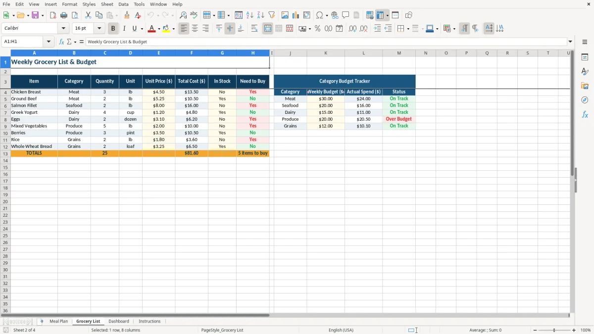 Screenshot 2: tab Grocery List - Excel template food planner excel template