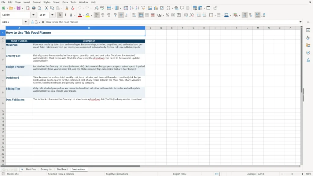 Instructions – Food Planner Excel – Free Template (2026)