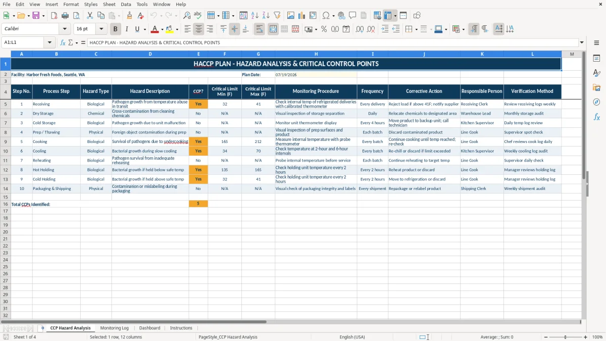 Screenshot 1: tab CCP Hazard Analysis - Excel template haccp excel template