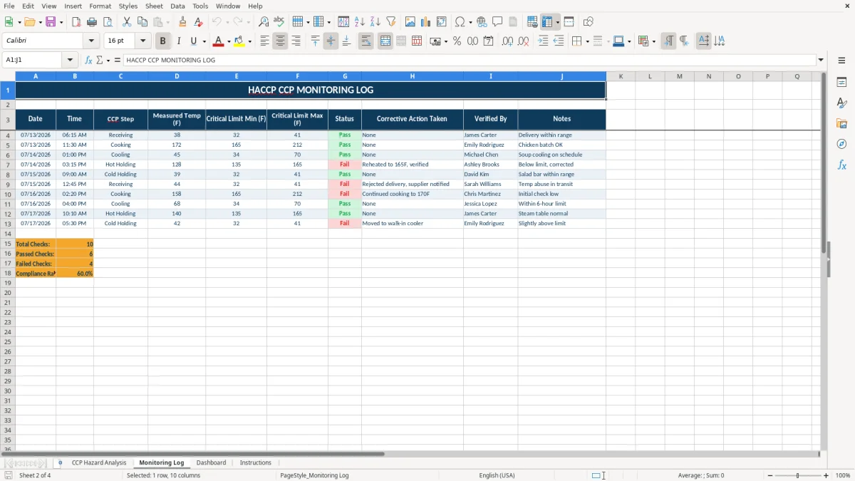 Screenshot 2: tab Monitoring Log - Excel template haccp excel template