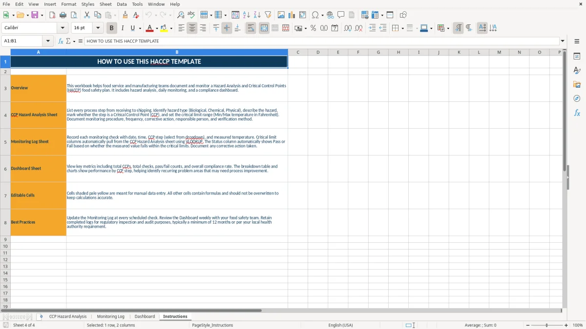 Screenshot 4: tab Instructions - Excel template haccp excel template