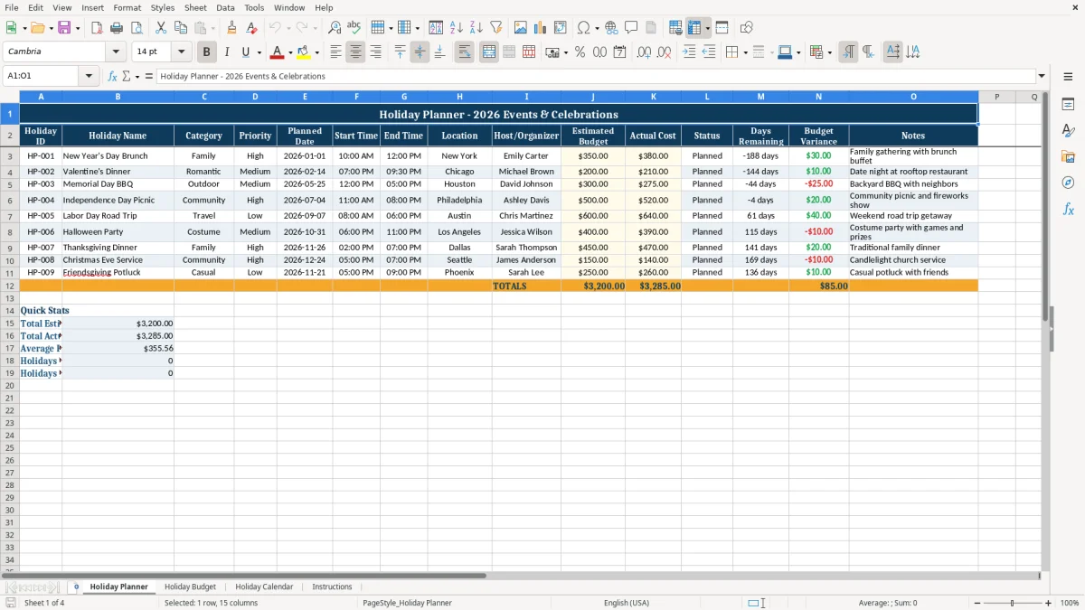 Screenshot 1: tab Holiday Planner - Excel template holiday planner excel template