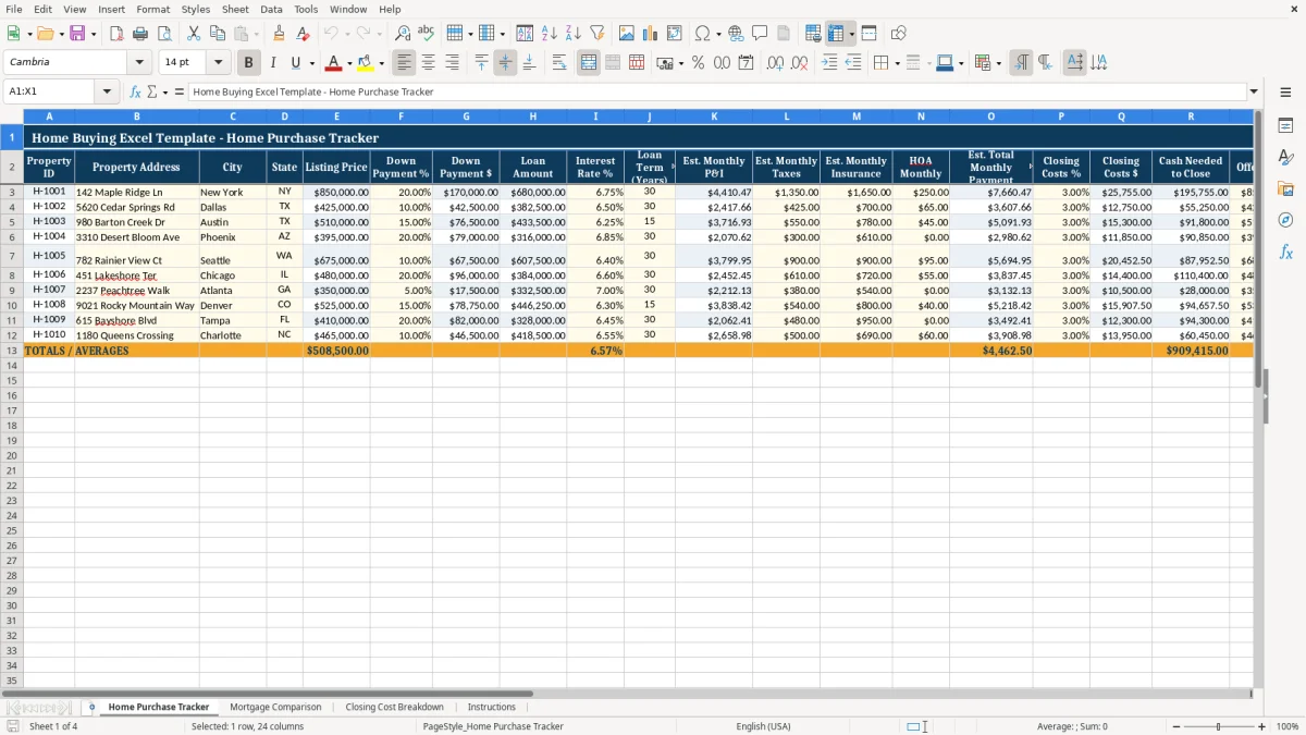 Screenshot 1: tab Home Purchase Tracker - Excel template home buying excel template