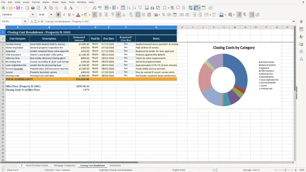 Closing Cost Breakdown – Home Buying Excel – Free Template (2026)