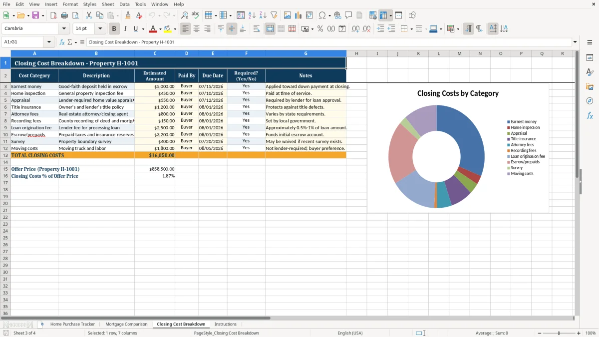 Screenshot 3: tab Closing Cost Breakdown - Excel template home buying excel template