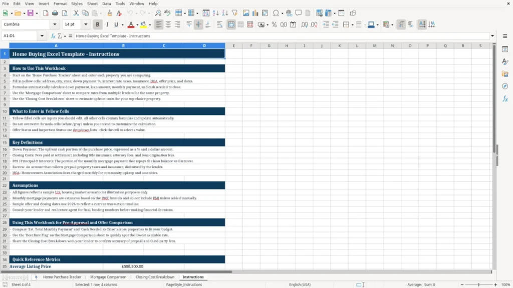 Instructions – Home Buying Excel – Free Template (2026)