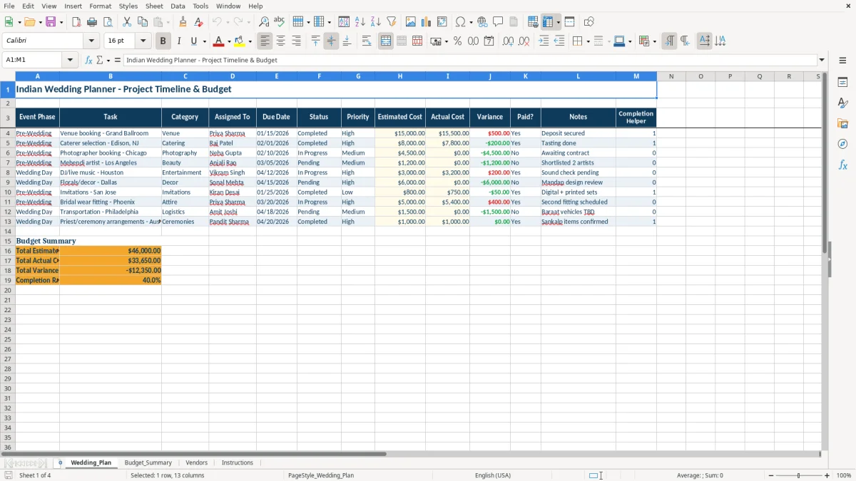 Screenshot 1: tab Wedding_Plan - Excel template indian wedding planner excel template