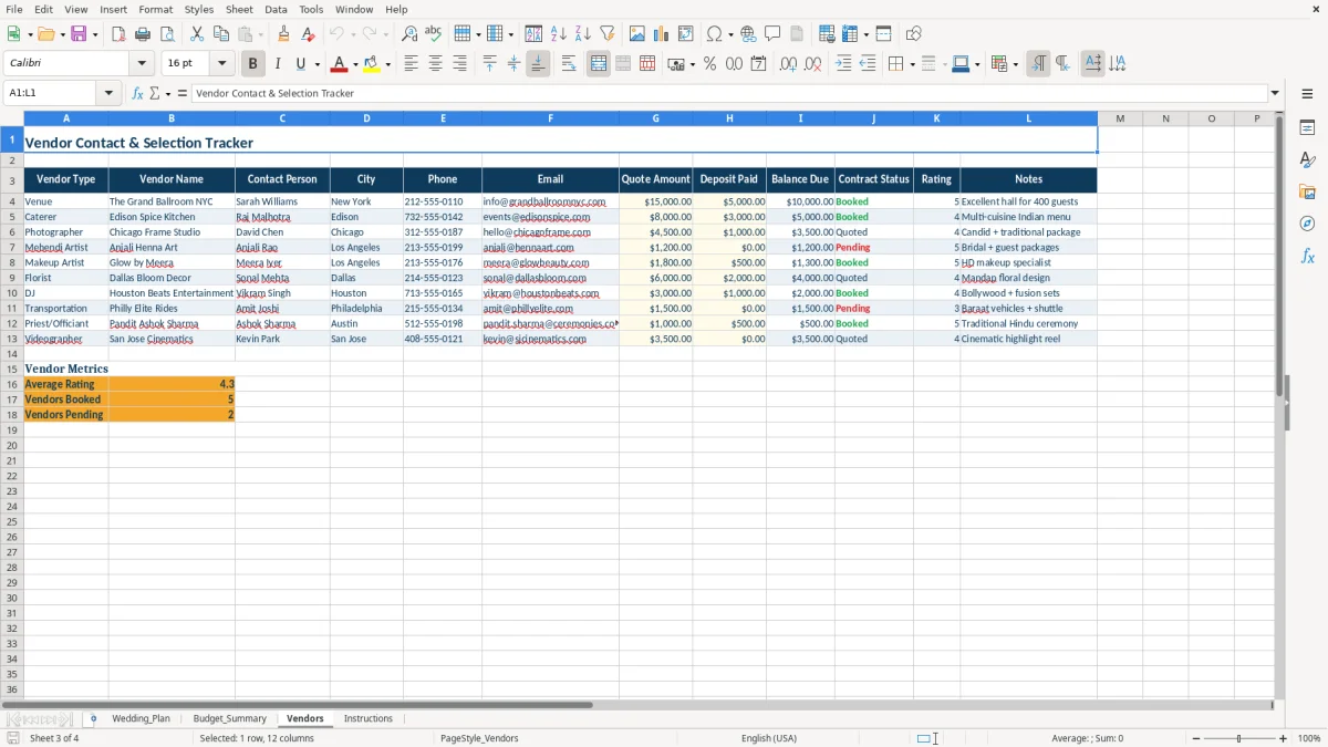 Screenshot 3: tab Vendors - Excel template indian wedding planner excel template