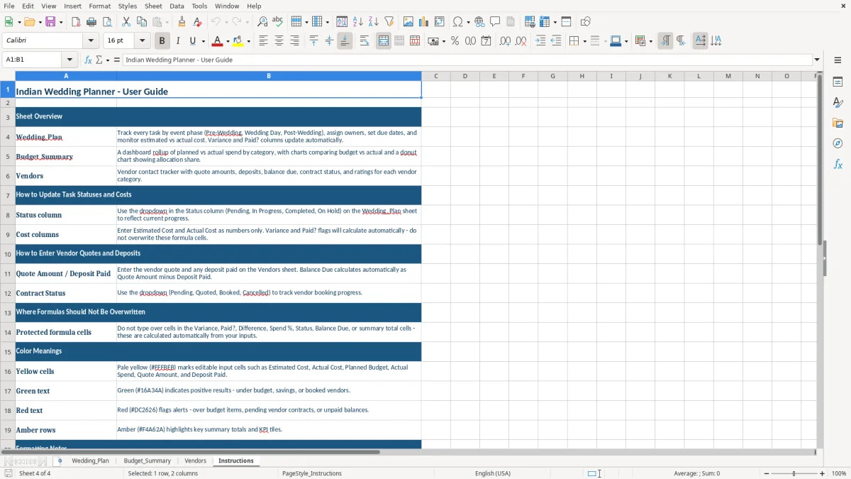 Screenshot 4: tab Instructions - Excel template indian wedding planner excel template