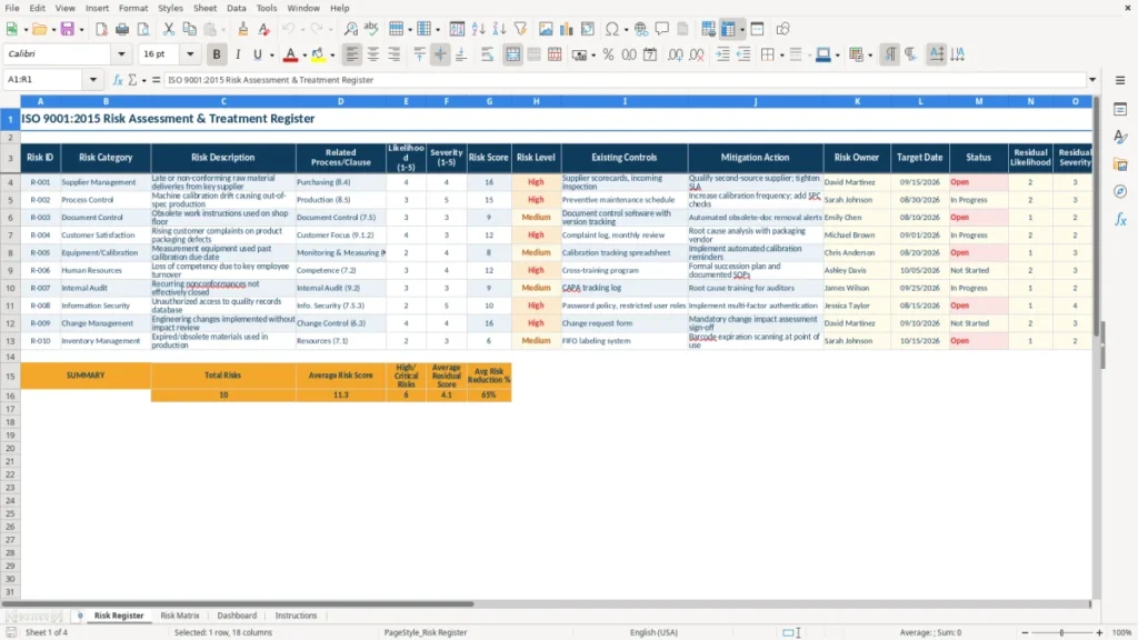 Risk Register – ISO 9001 Risk Assessment Excel – Free Template (2026)