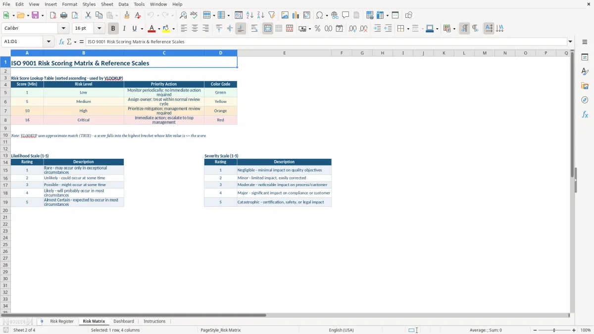 Screenshot 2: tab Risk Matrix - Excel template iso 9001 risk assessment excel template
