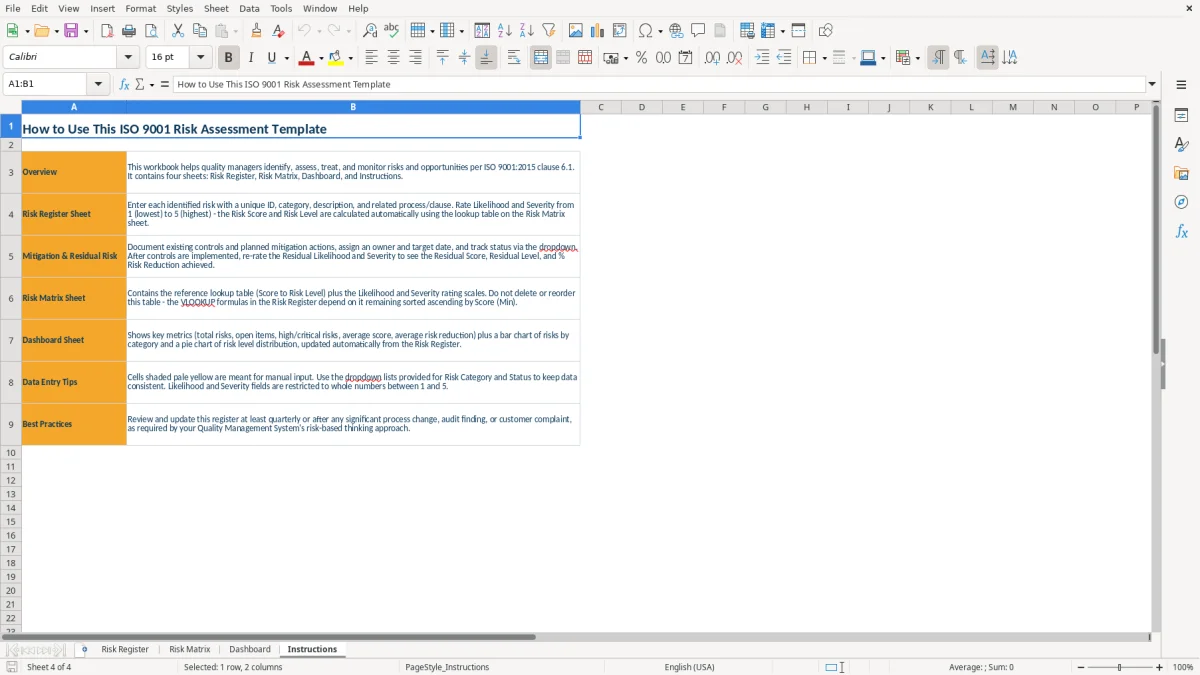 Screenshot 4: tab Instructions - Excel template iso 9001 risk assessment excel template