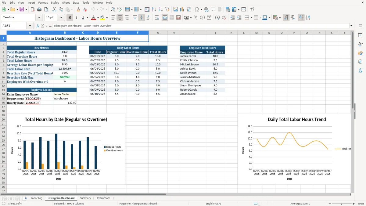 Screenshot 2: tab Histogram Dashboard - Excel template labour histogram excel template