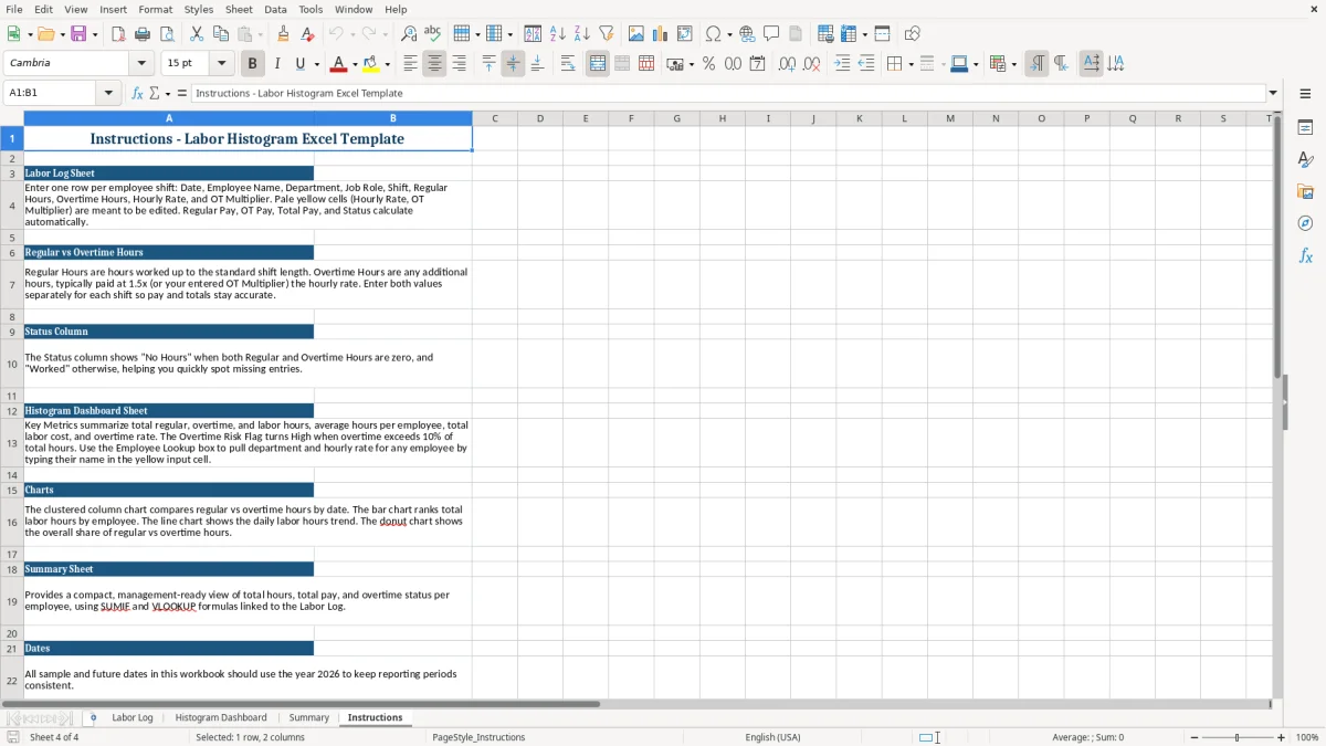 Screenshot 4: tab Instructions - Excel template labour histogram excel template