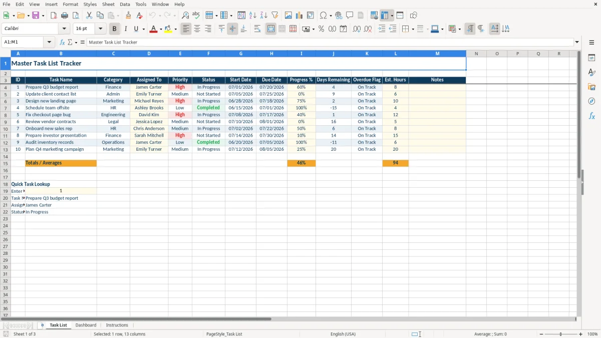 Screenshot 1: tab Task List - Excel template list excel template