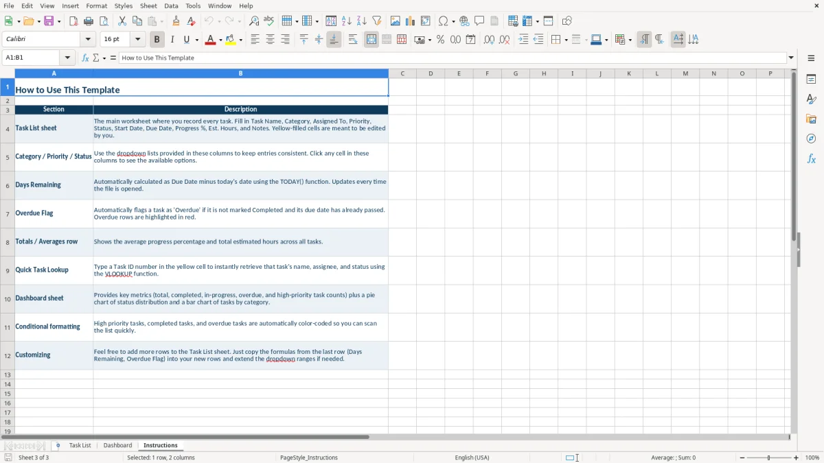 Screenshot 3: tab Instructions - Excel template list excel template