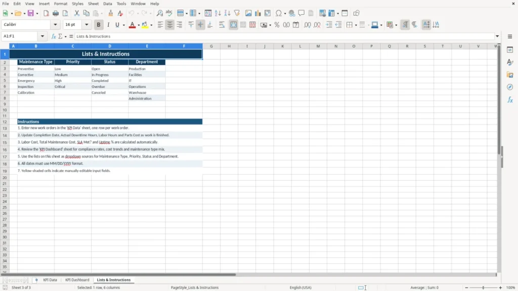 Lists & Instructions – Maintenance KPI Excel – Free Template (2026)