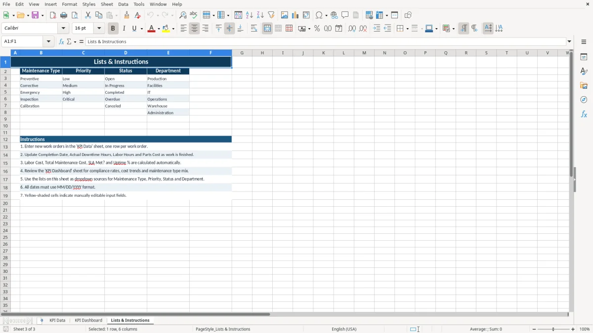 Screenshot 3: tab Lists & Instructions - Excel template maintenance kpi excel template