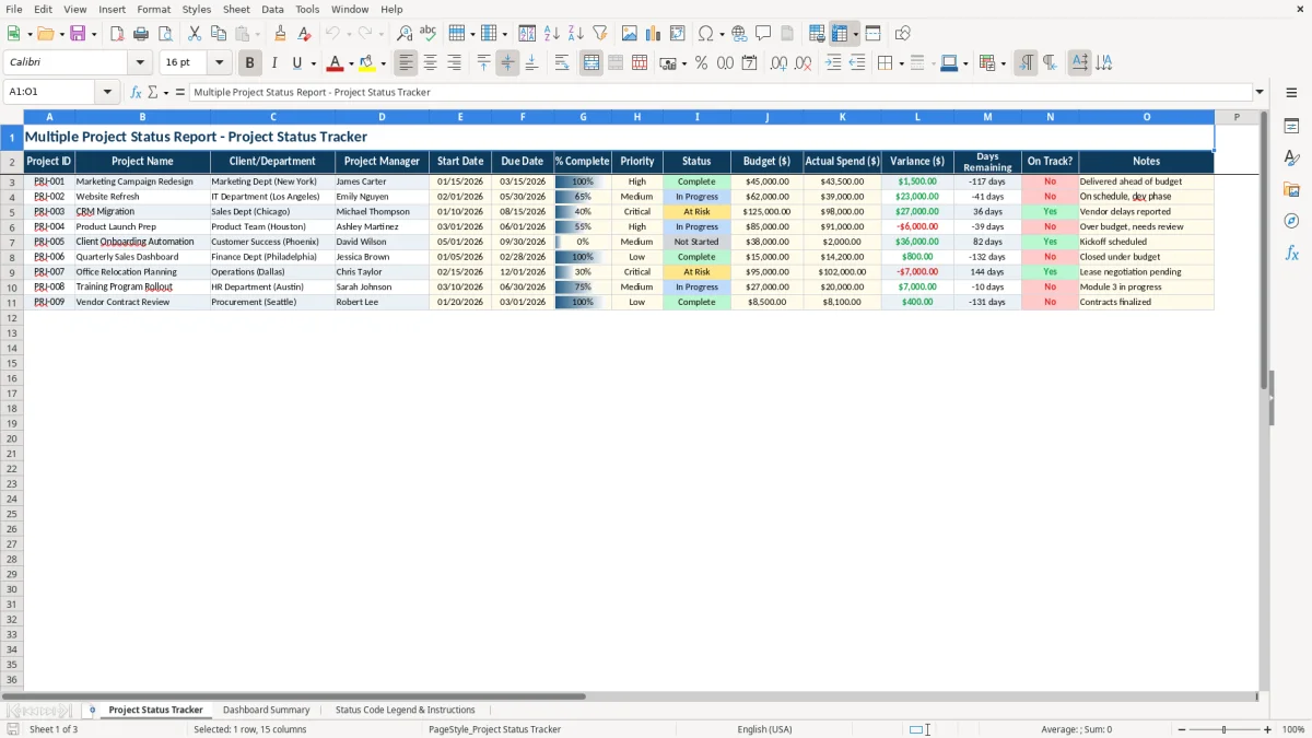 Screenshot 1: tab Project Status Tracker - Excel template multiple project status report excel template