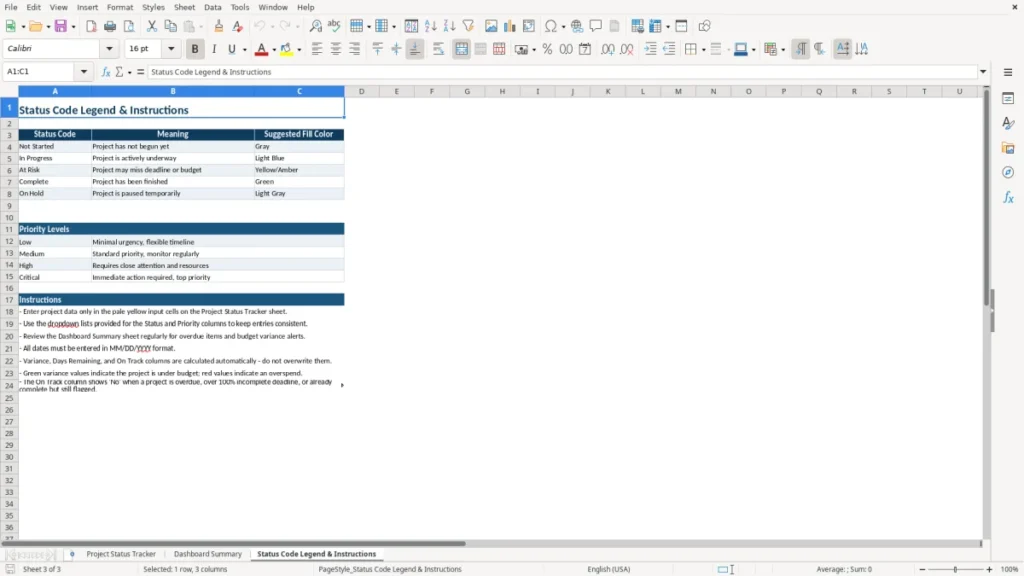 Status Code Legend & Instructions – Multiple Project Status Report Excel – Template (2026)