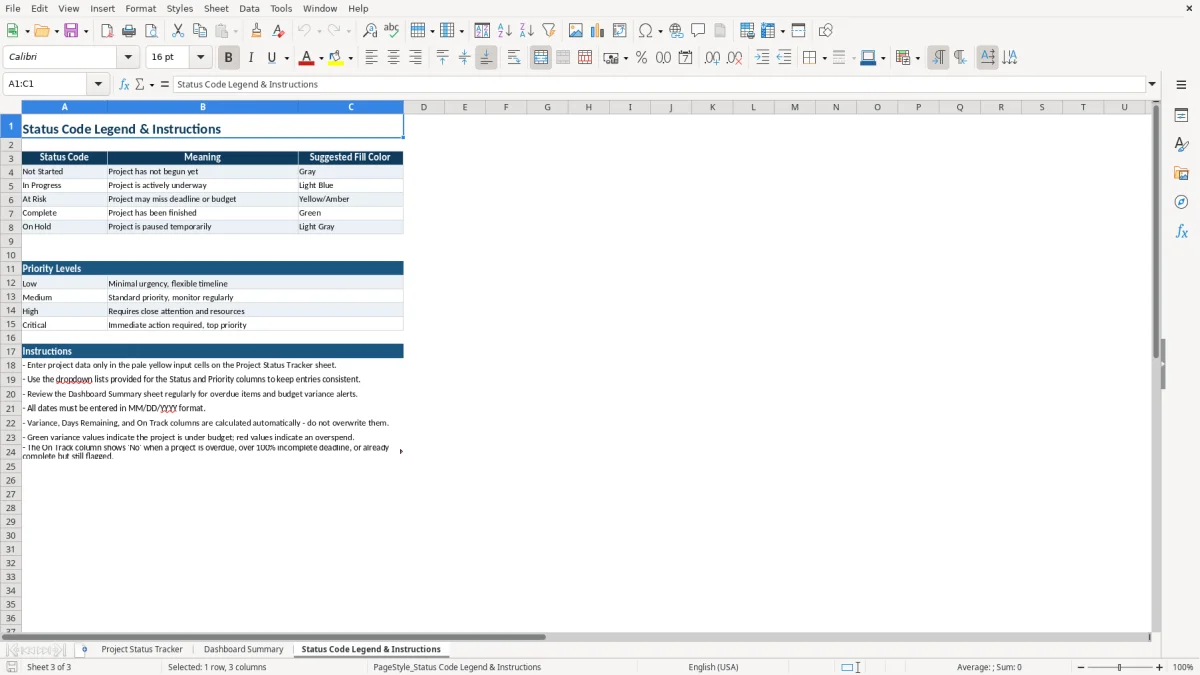 Screenshot 3: tab Status Code Legend & Instructions - Excel template multiple project status report excel template