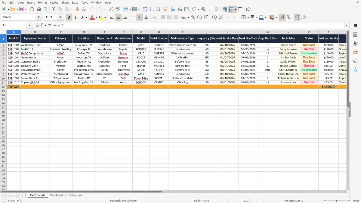 Screenshot 1: tab PM Schedule - Excel template preventive maintenance excel template