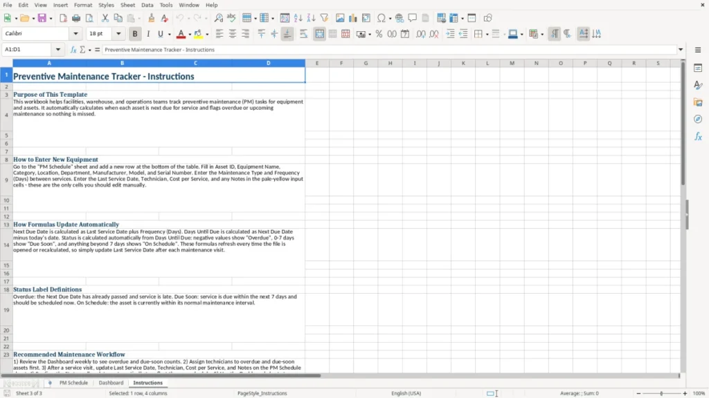 Instructions – Preventive Maintenance Excel – Template (2026)