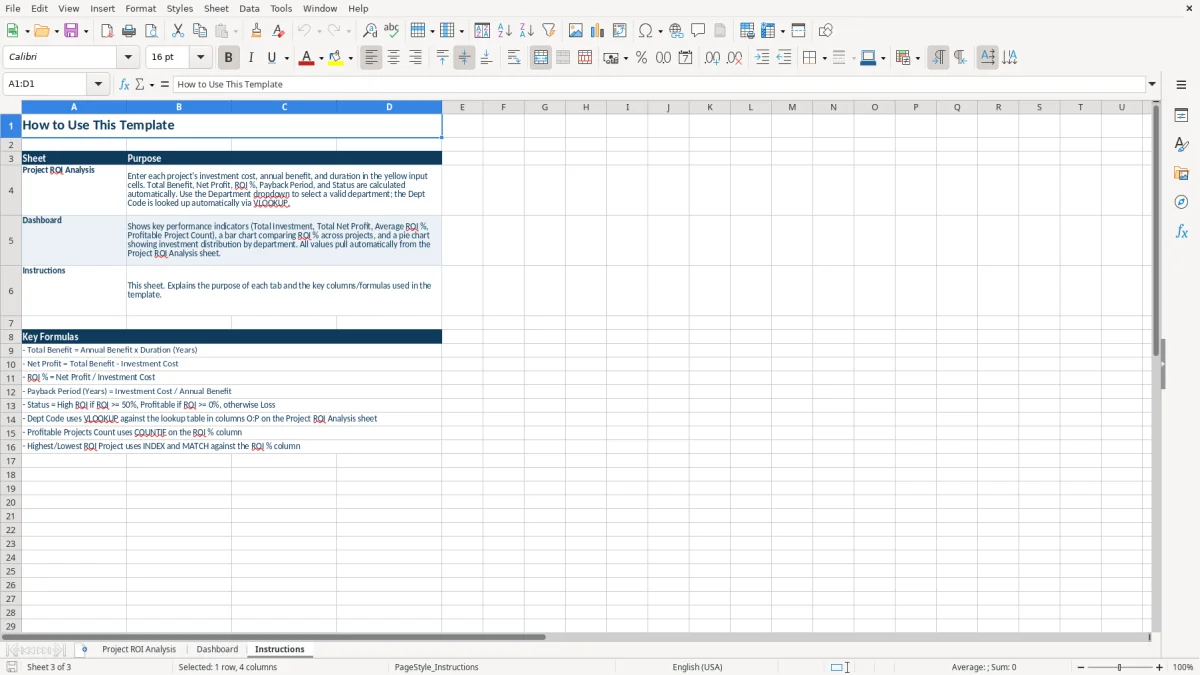 Screenshot 3: tab Instructions - Excel template project roi excel template
