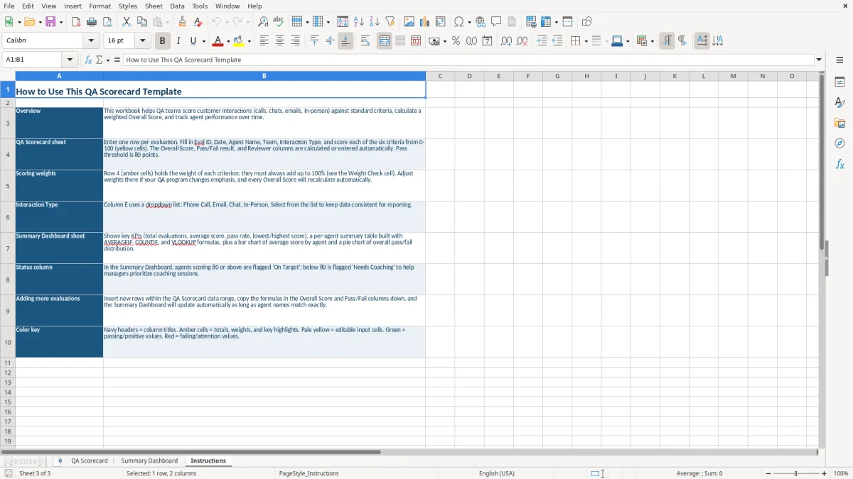 Screenshot 3: tab Instructions - Excel template qa scorecard excel template