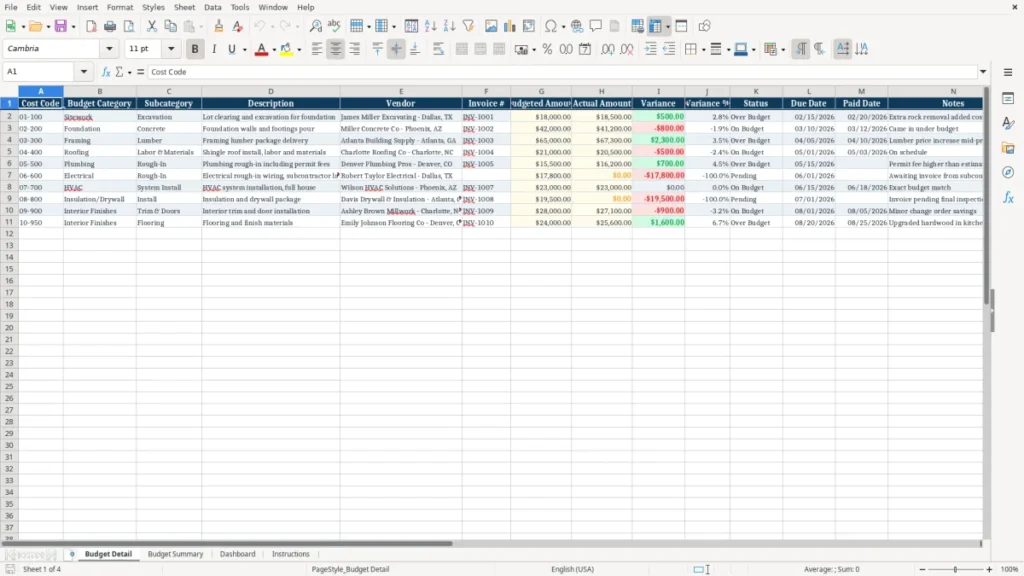 Budget Detail – Residential Construction Budget Excel Template (2026)