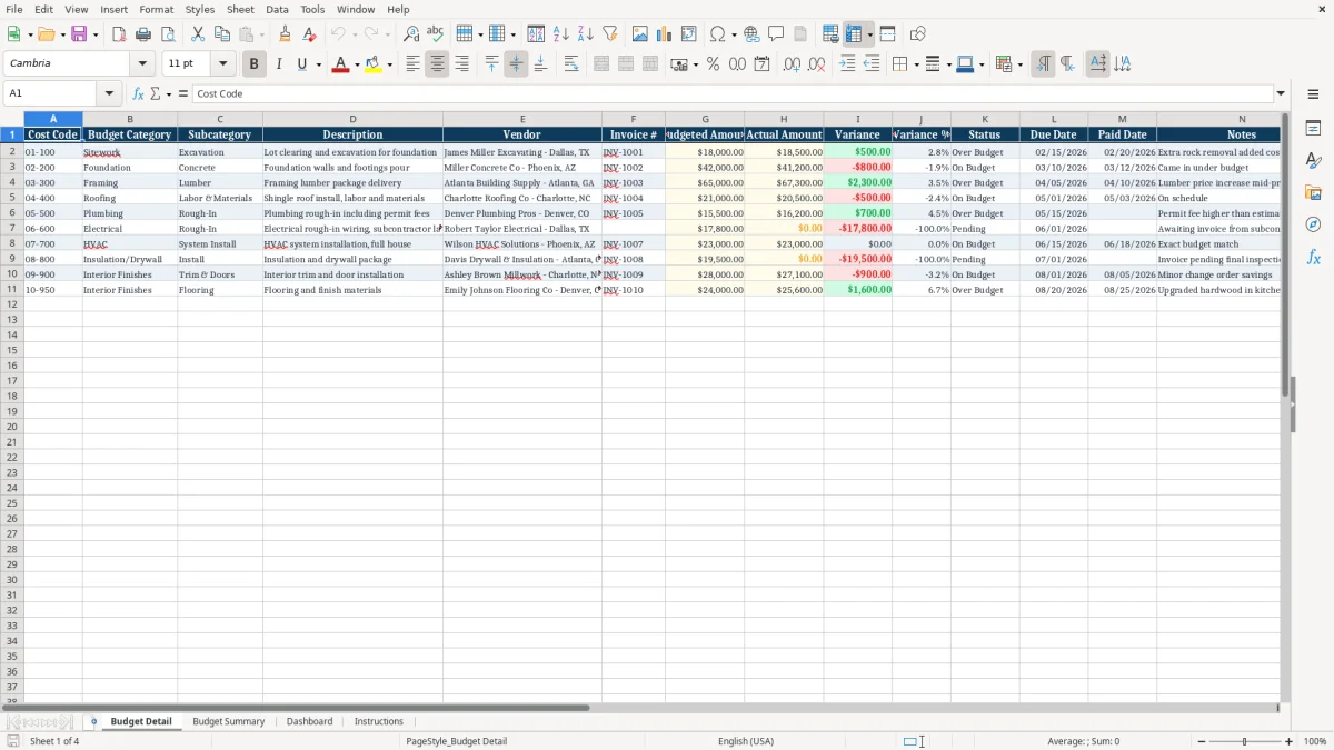 Screenshot 1: tab Budget Detail - Excel template residential construction budget excel template