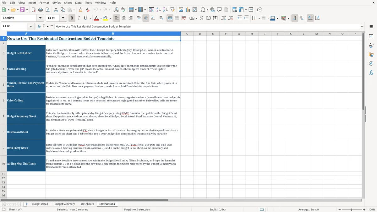 Screenshot 4: tab Instructions - Excel template residential construction budget excel template