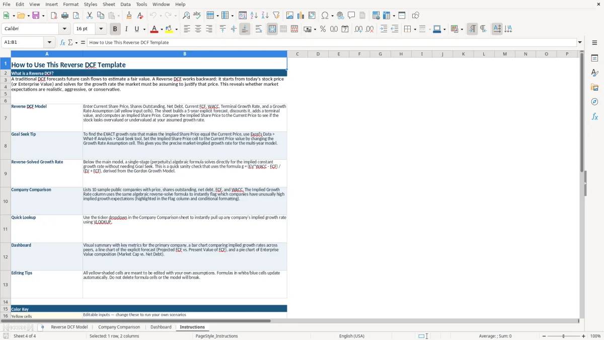Screenshot 4: tab Instructions - Excel template reverse dcf excel template