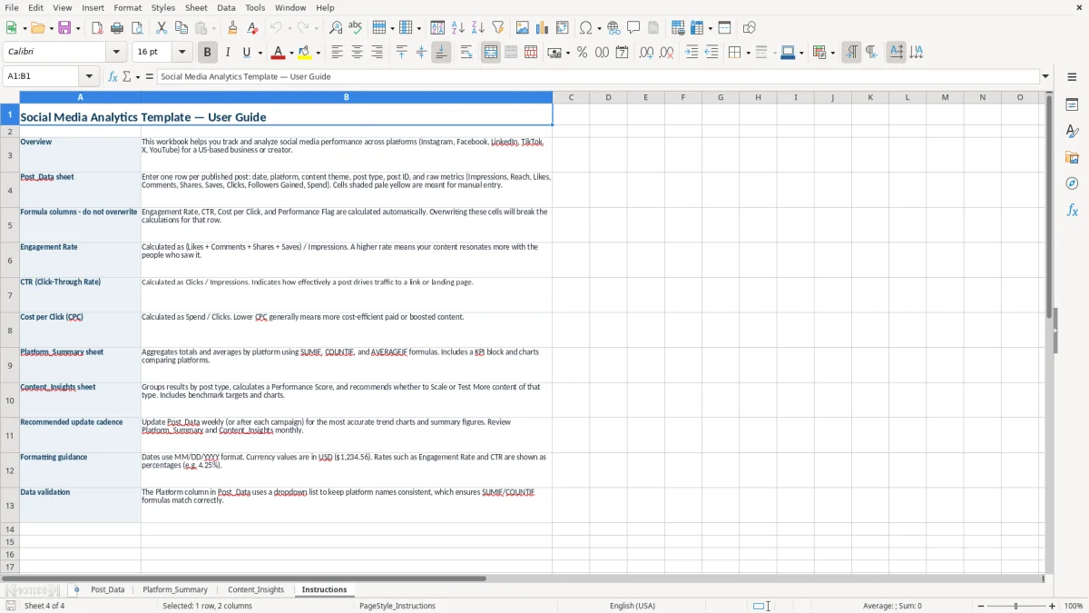 Screenshot 4: tab Instructions - Excel template social media analytics excel template