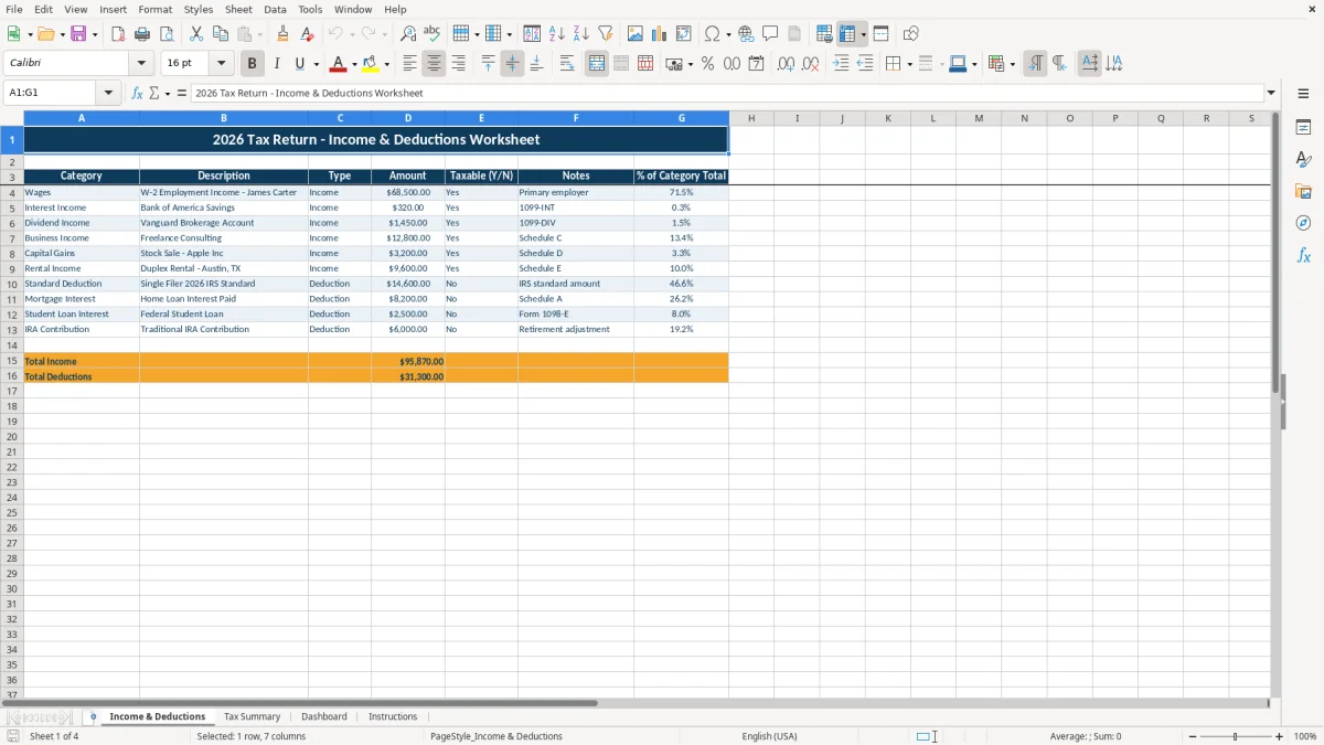 Screenshot 1: tab Income & Deductions - Excel template tax return excel template